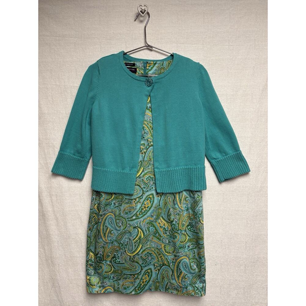 Jones New York Signature Women's Sheath Blue Paisley Dress With Sweater - Size 8